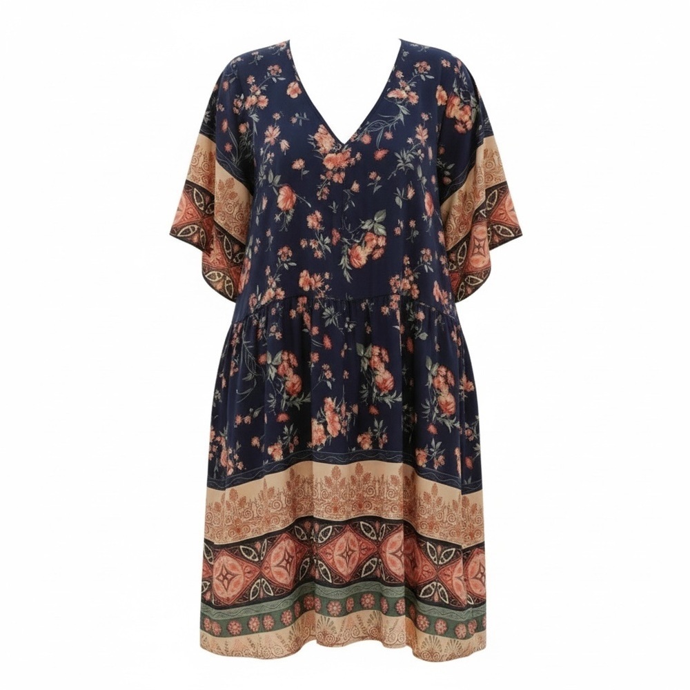 SHEIN CURVE 3X Navy Blue Peach Pink Mixed Floral Trapeze Dress